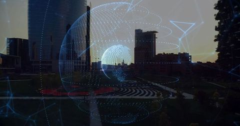 Futuristic Digital Network Overlay in Urban Setting