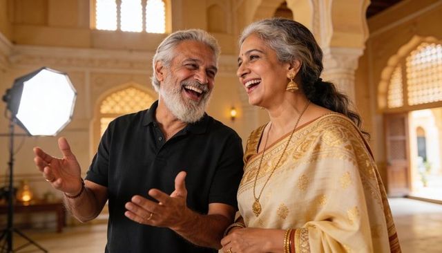 Laughing senior indian couple wearing saree and polo in palatial ornate hall
