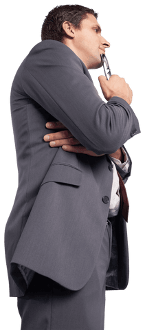 Transparent Businessman Thinking Holding Glasses Side View