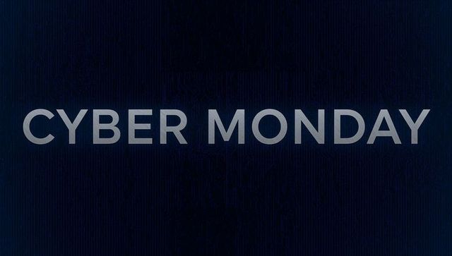 Cyber monday minimalist dark navy banner with centered typographic wordmark and glow