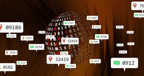 Rotating binary data globe with floating notification tags and virtual ui analytics