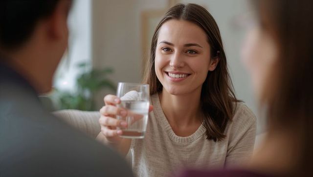 Smiling woman offering glass of water with ice on sofa for friendly home conversation