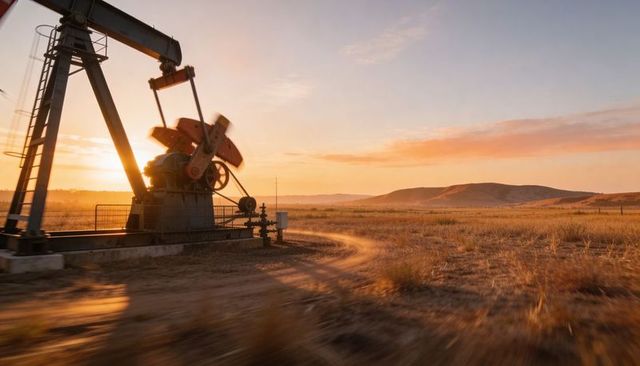 Operating pumpjack at sunset on arid plain with rolling hills and golden light