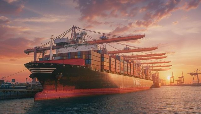Container ship docking at harbor during sunset