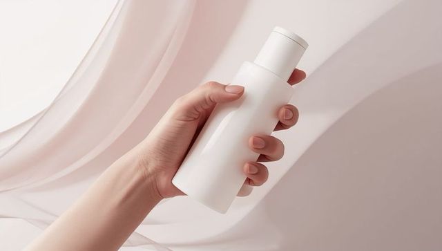 Hand holding elegant white cosmetic bottle against minimal background
