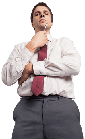 Transparent Businessman Contemplating with Pen Against Chin
