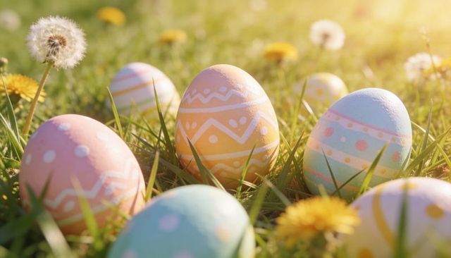 Pastel Decorated Easter Eggs Nestled in Sunny Grass with Dandelions Celebrating Spring