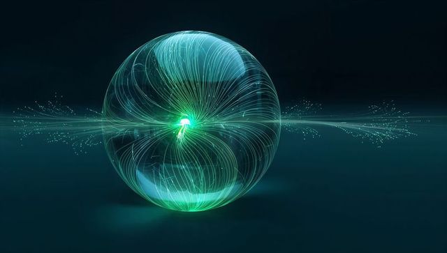 Luminous glass orb with radiant fiber filaments and cyan core in dark futuristic space