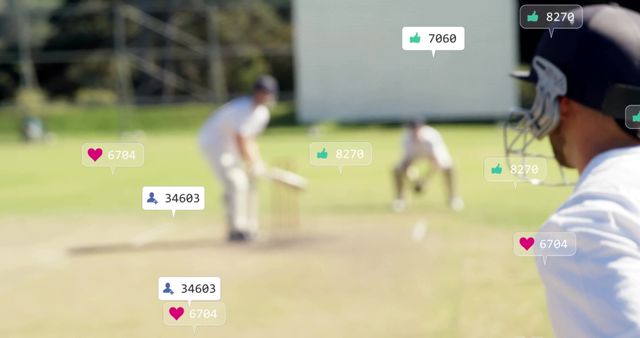 Cricketers on field with digital like and engagement counters overlay, symbolizing social media presence and interaction. Perfect for illustrating social media engagement in sports, technology in sports broadcasting, and digital influence. Useful for articles or discussions on sports technology or social media influence in athletic sports.