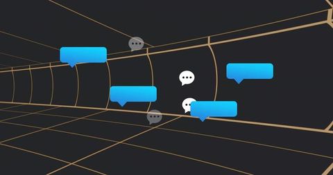 Floating chat bubbles receding into gold wireframe tunnel virtual messaging concept