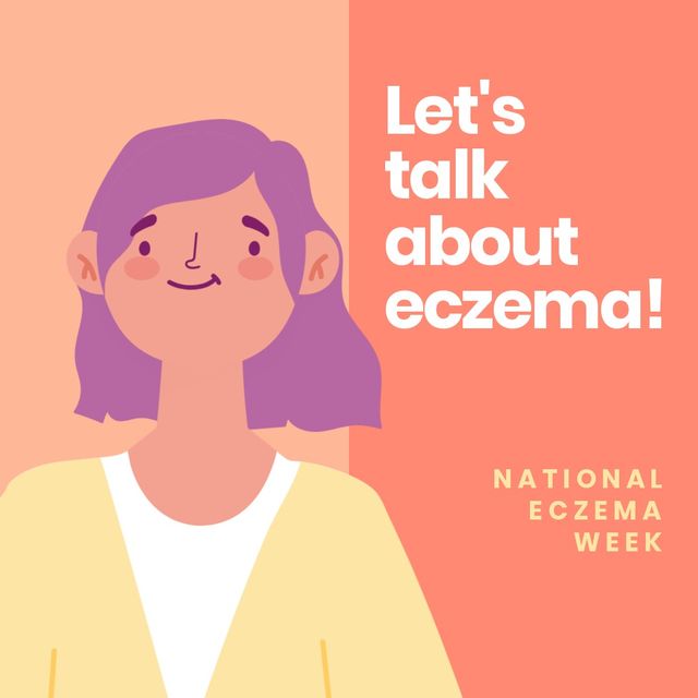 Illustration features a woman with purple hair, complementing a promotional message saying 'Let's talk about eczema' and 'National Eczema Week' on a peach background. Perfect for awareness campaigns, social media posts, educational content, and health resources focusing on eczema awareness. Useful for non-profit organizations, healthcare providers, and patient education programs.