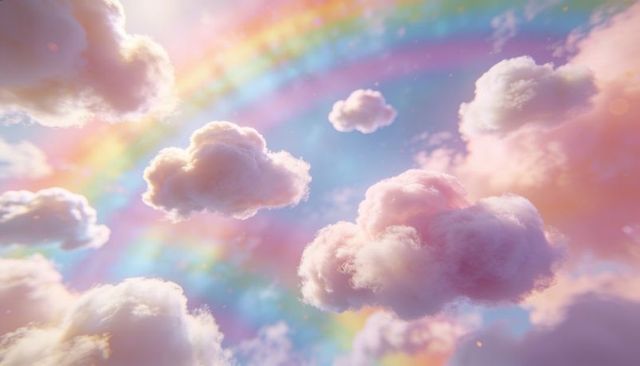 Drifting pink clouds glowing in pastel sky with golden sun halo and rainbow arc