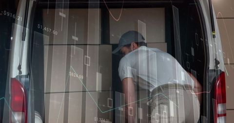 Delivery worker unloading boxes with overlapping financial graph