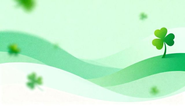 Minimal mint waves with single three-leaf clover on right hill, pastel st patrick backdrop