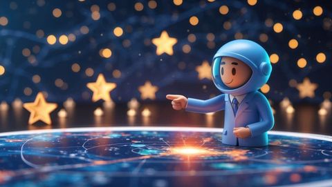 Astrophysicist in futuristic hub exploring star map