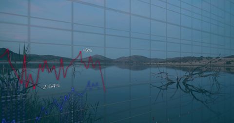 Digital graphs overlaying serene lake landscape generating innovational potential