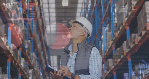 Warehouse Manager Analyzing Inventory with Tech Overlay