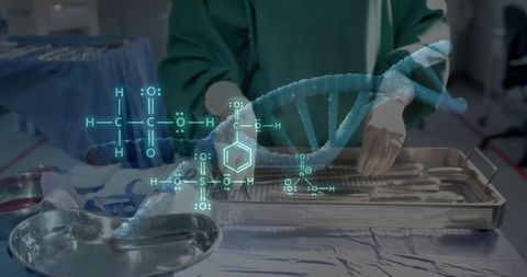 Surgeon in Operating Room with Digital DNA Graphic