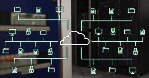 Cloud network topology overlay on datacenter racks with neon security and storage icons
