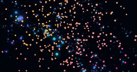 Neon particle nebula with glowing bokeh orbs drifting over dark starfield, vibrant trails