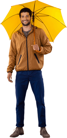 smiling man holding yellow umbrella standles bright weather - Download Free Stock Videos Pikwizard.com