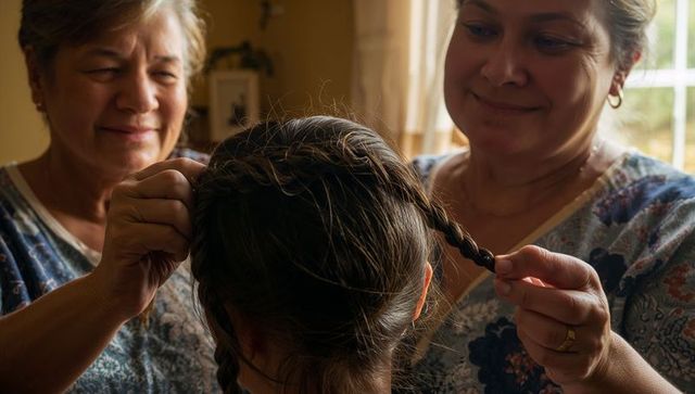 Multigenerational caregiving: middle-aged women braiding child's hair in sunlit home