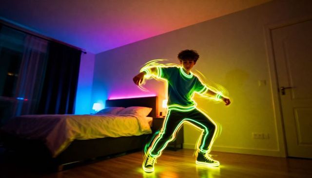 Teen dancing with neon light trails in bedroom, futuristic glow motion