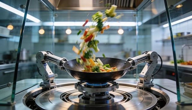 Robotic arms tossing vibrant stir-fry in wok on burner demonstrating kitchen automation