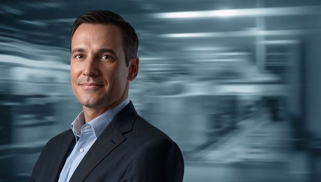 Confident Corporate Executive Headshot in Modern Blurred Lobby Background