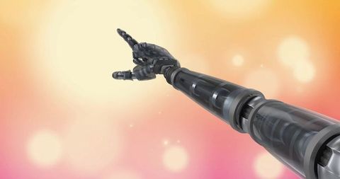 Robotic Prosthetic Arm Reaching Across Pastel Background