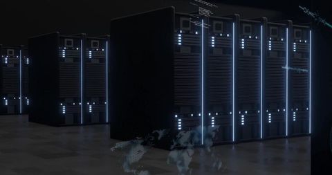 Glowing Data Center Server Racks with Vertical LEDs and Holographic World Map Projection