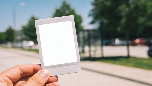 Hand holding blank polaroid instant-film frame for mockup, branding, lifestyle on suburban street