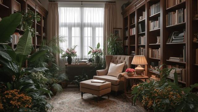 Cozy library reading nook with beige wingback chair ottoman lamp and lush indoor plants