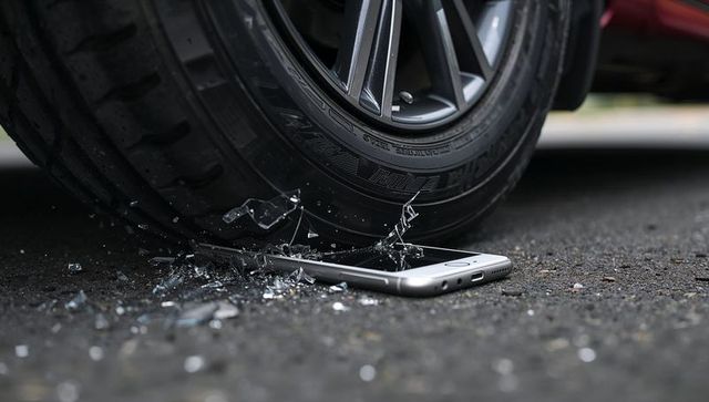 Crushed smartphone under car tire with shattered glass, mobile device damage concept