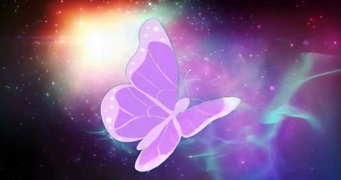 Purple Butterfly Floating Through Cosmic Nebula with Ethereal Light and Dreamy Glow