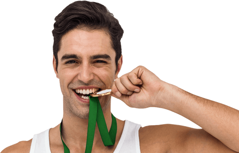 Smiling athlete biting gold medal isolated on transparent background