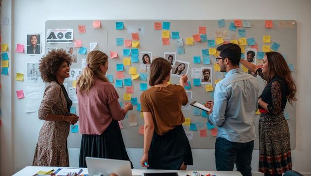 Creative team collaborating at whiteboard with colorful sticky notes, headshots, planning