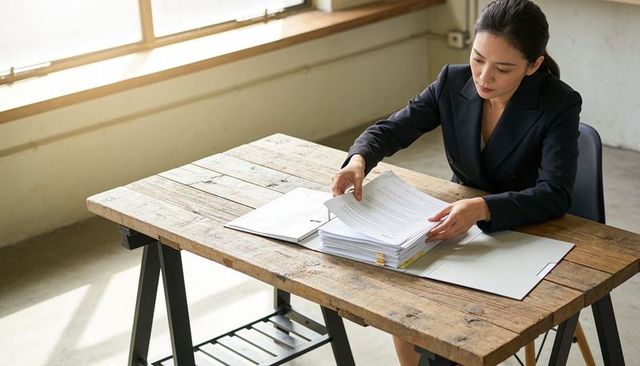 Asian businesswoman organizing legal documents at rustic wooden desk in sunlit office