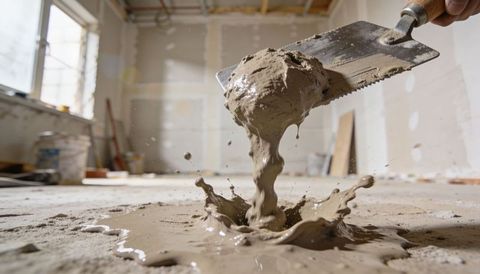 Notched trowel lifting wet mortar splashing onto floor during room renovation plastering
