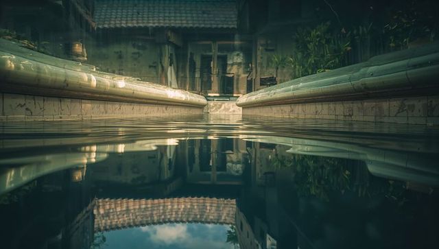 Heritage courtyard reflecting pool mirroring weathered shutters and tiled rooflines