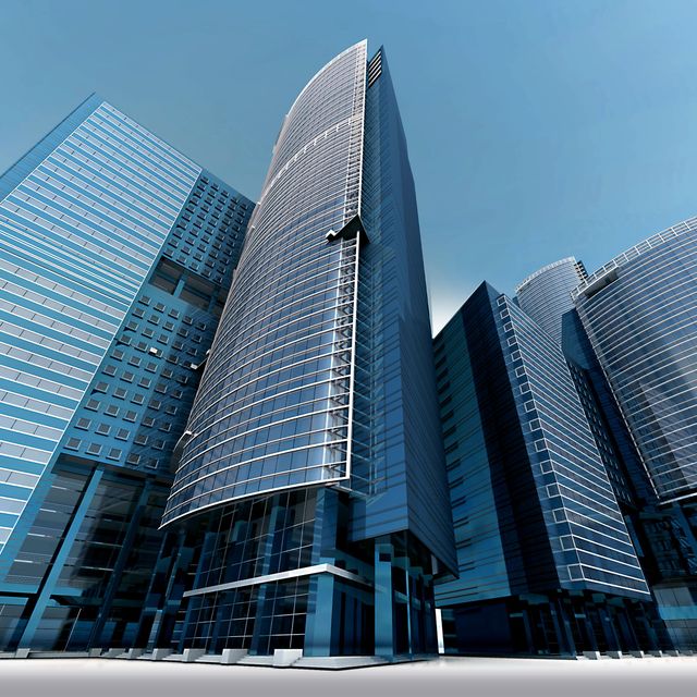 Highrises in downtown area with glass facades under clear blue sky, perfect for corporate website backgrounds, real estate promotions, presentations about modern architecture, and stock photos for business-oriented content.