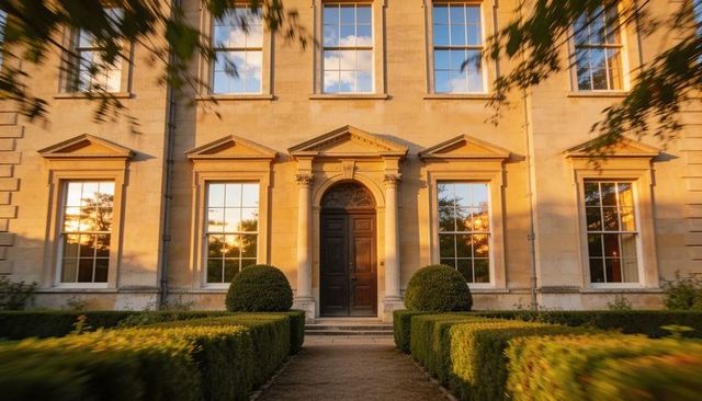 Basking georgian manor entrance with symmetrical limestone facade, topiary and formal hedges