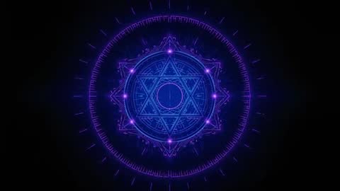 Neon Geometric Mandala Rotating with Hexagram Nodes and Radiant Energy Rings