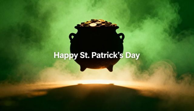 Floating pot of gold over green fog celebrating st patrick's day with dramatic glow