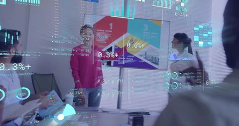 Woman leading data-driven presentation with holographic dashboards in modern boardroom