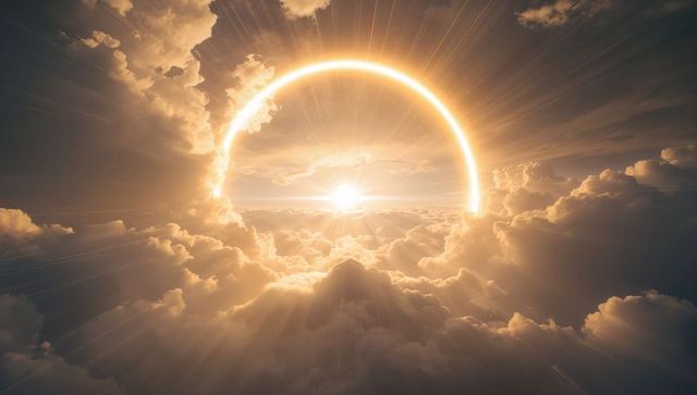 Glowing solar halo rising above cloudscape, sun casting radiant beams at sunrise