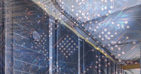 Futuristic Data Center with Digital Circuit Board Connectivity