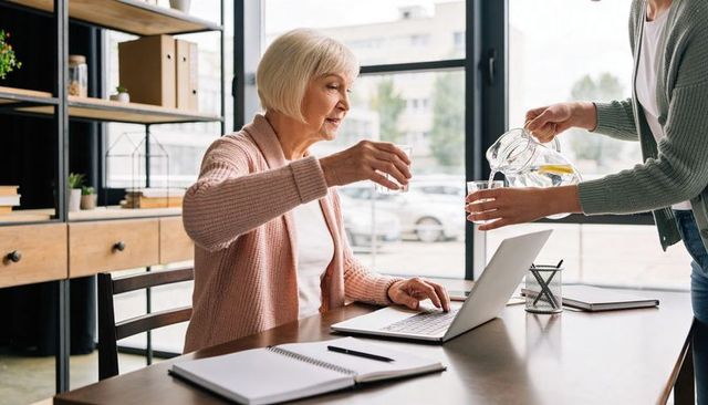 Senior woman typing on laptop while caregiver pouring water in modern bright workspace