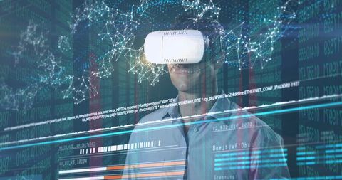 Caucasian Man Experiencing Virtual Reality with Digital Data Visualizations - Download Free Stock Images Pikwizard.com