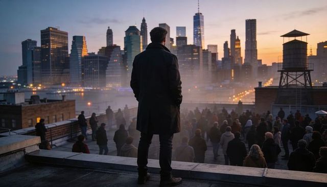 Man standing on rooftop parapet watching city skyline at dusk with crowd and water tower